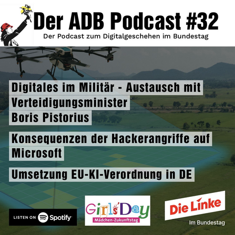 im Hintergrund eine Drohne über einer grünen Landschaft, die eine quadratische Fläche des Bodens abscannt. Im Vordergrund die Themen des Podcasts, das Girls Day Logo und das Logo von Die Linke im Bundestag.