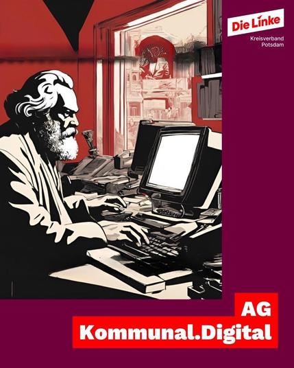Zeichnung: Karl Marx am Computer arbeitend
