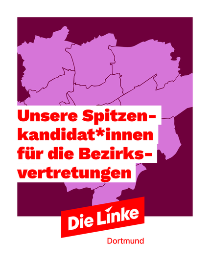 Im dunkel-lila Hintergrund ist ein hell-lila Schema von Dortmund, unterteilt in die Stadtbezirke, zu sehen. Im Title steht: 