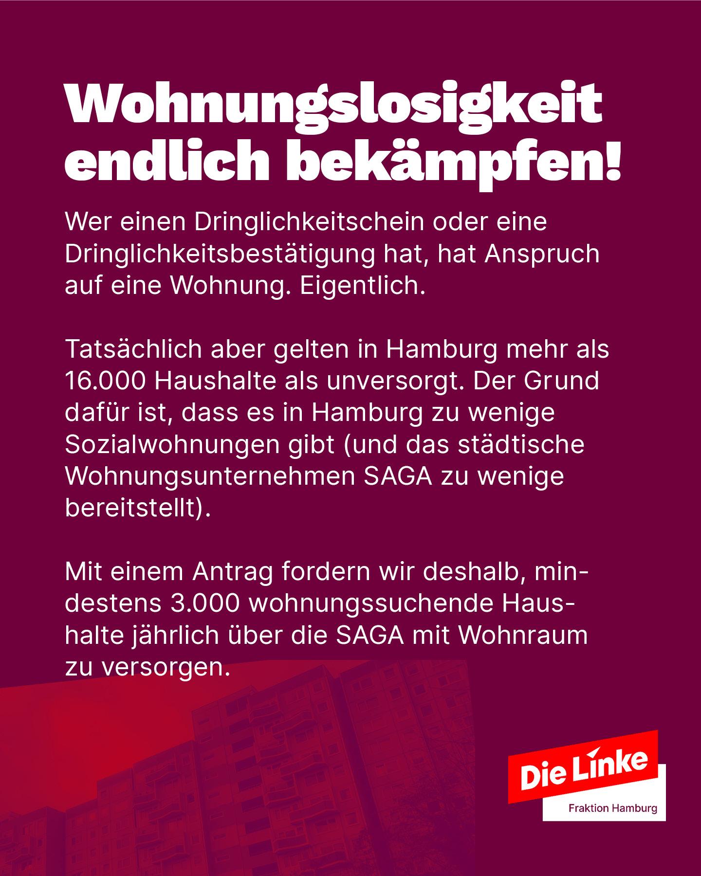 Grafik der Linksfraktion Hamburg. Überschrift: ‚Wohnungslosigkeit endlich bekämpfen!‘ Text erklärt: Wer Dringlichkeitsschein hat, hat Anspruch auf Wohnung – eigentlich. In Hamburg sind über 16.000 Haushalte unversorgt, weil zu wenige Sozialwohnungen vorhanden sind. Forderung: jährlich mindestens 3.000 Haushalte über die städtische SAGA mit Wohnraum versorgen.