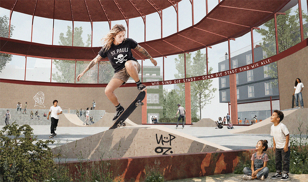 Visualisierung der Schilleroper nach dem Linken-Konzept: Im Inneren befindet sich eine Landschaft, die zum Skateboard-Fahren genutzt werden kann